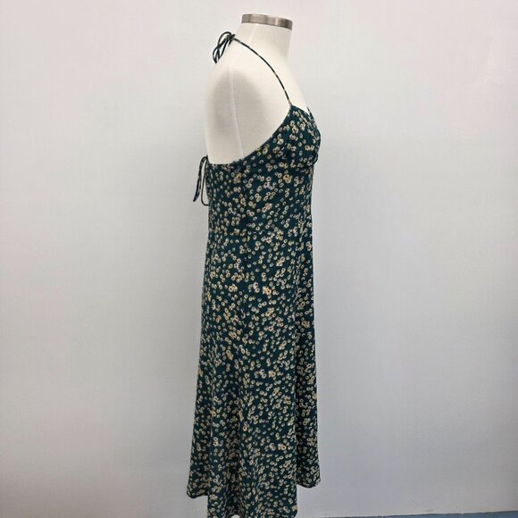 Womens L Green Yellow Floral Print Midi Dress w/Sweetheart Neckline &‎ Tie Back - Picture 2 of 13
